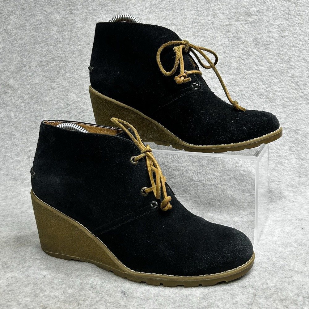 Sperry Boots Womens 7.5 Black Leather Stella Keel Wedge Suede Top Sider STS96941